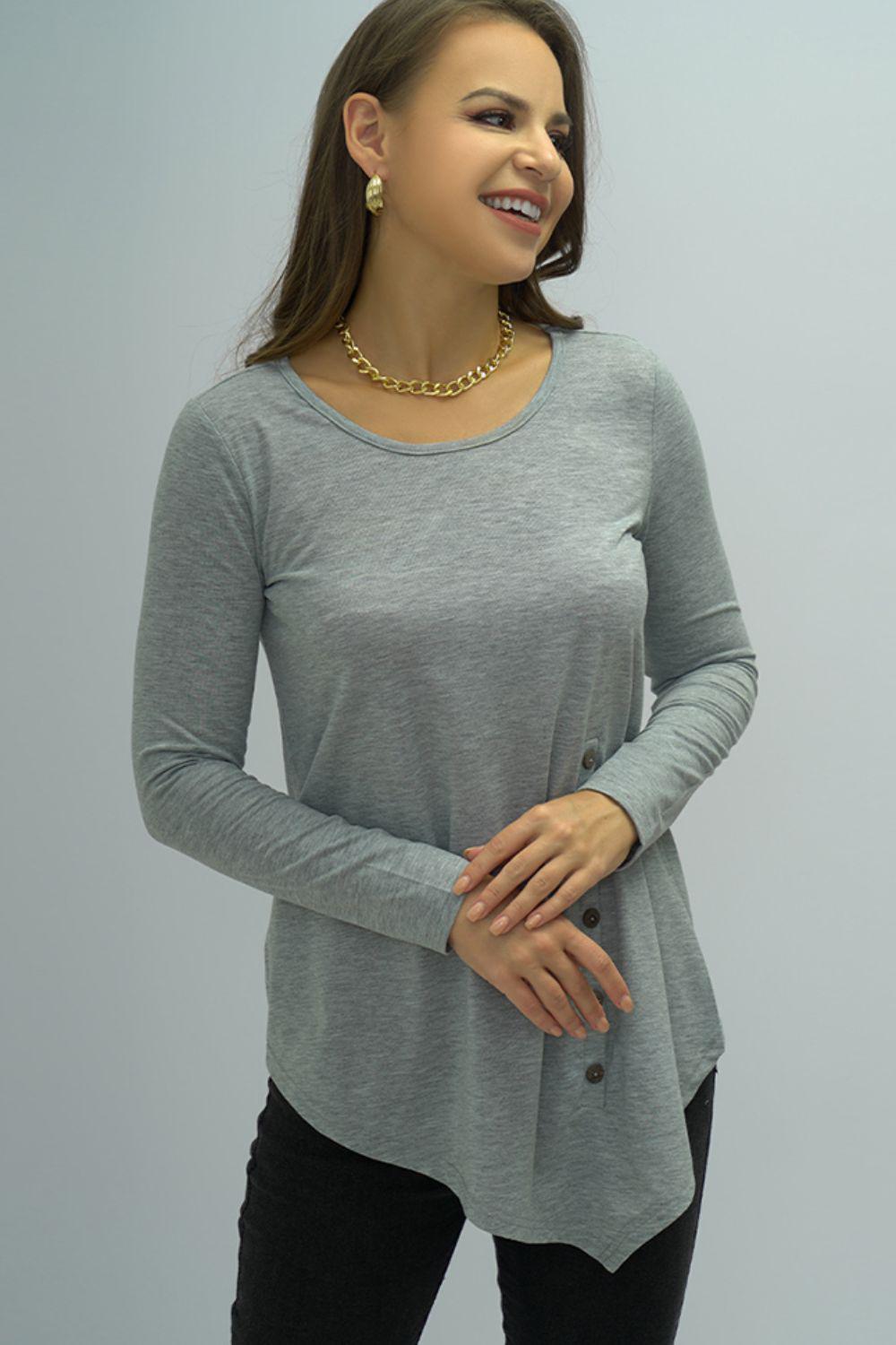 Buttoned Long Sleeve Round Neck Tee BLUE ZONE PLANET