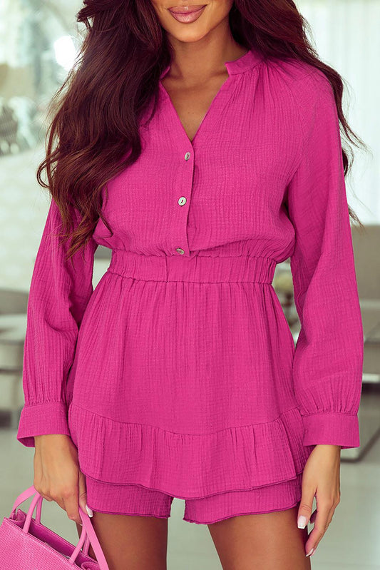 Buttoned Notched Neck Long Sleeve Romper BLUE ZONE PLANET