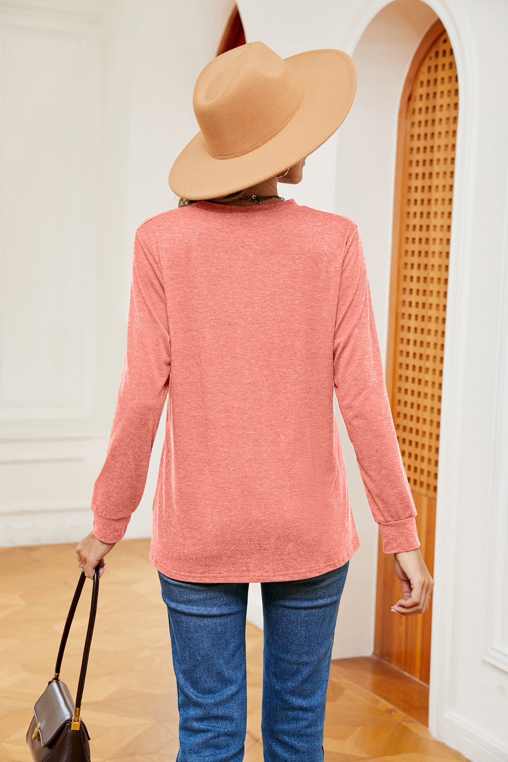 Buttoned Notched Neck Long Sleeve Top BLUE ZONE PLANET