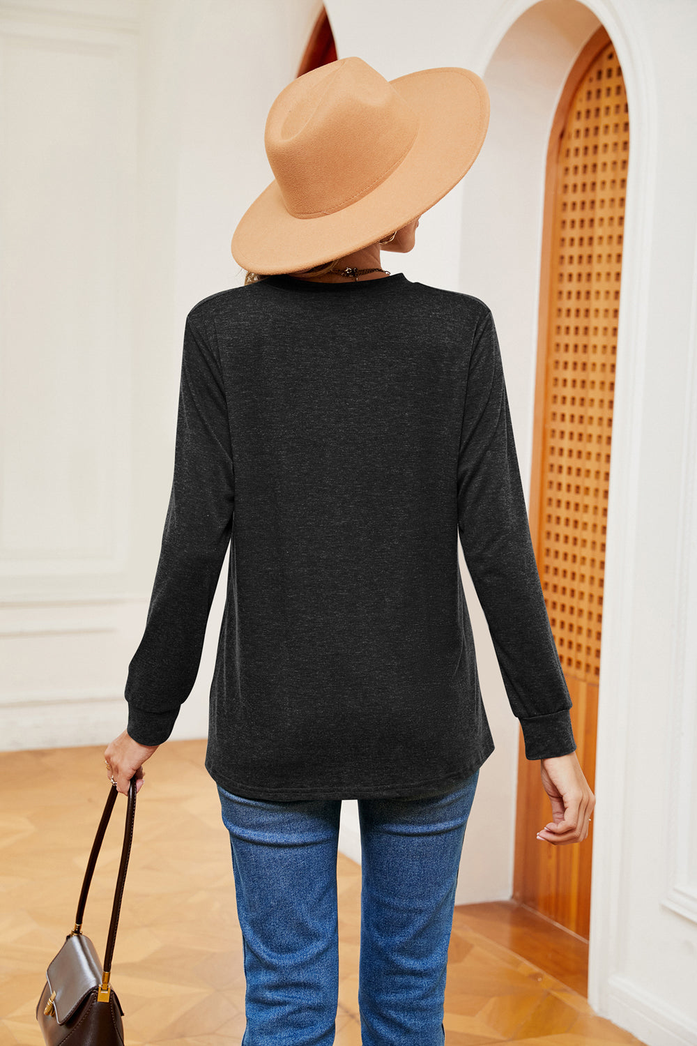 Buttoned Notched Neck Long Sleeve Top BLUE ZONE PLANET
