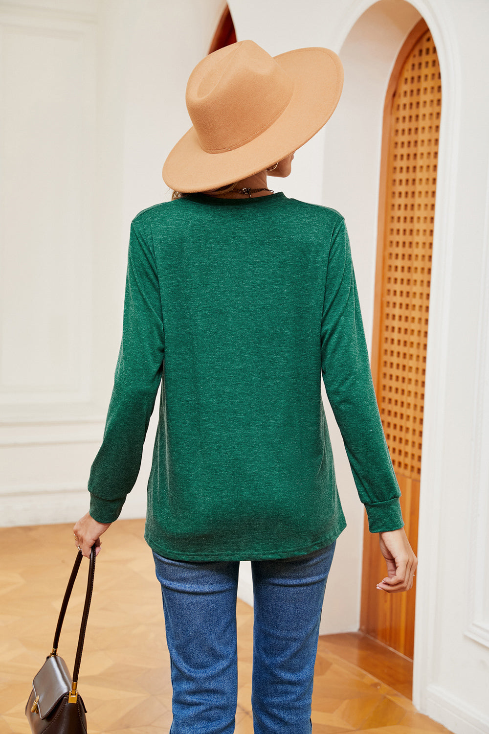 Buttoned Notched Neck Long Sleeve Top BLUE ZONE PLANET