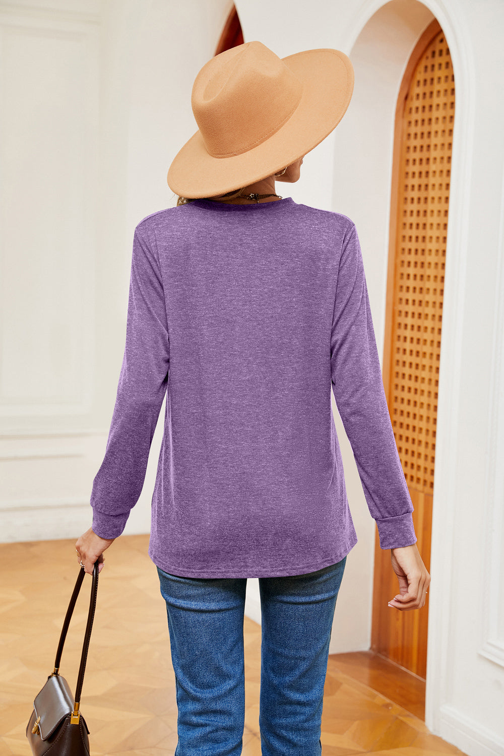 Buttoned Notched Neck Long Sleeve Top BLUE ZONE PLANET