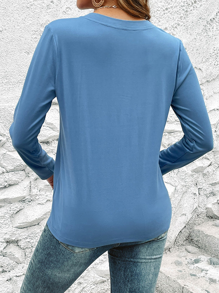 Buttoned Notched Neck Long Sleeve Top BLUE ZONE PLANET