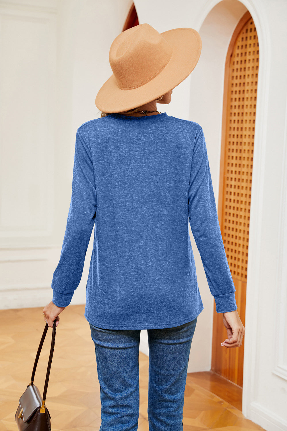 Buttoned Notched Neck Long Sleeve Top BLUE ZONE PLANET