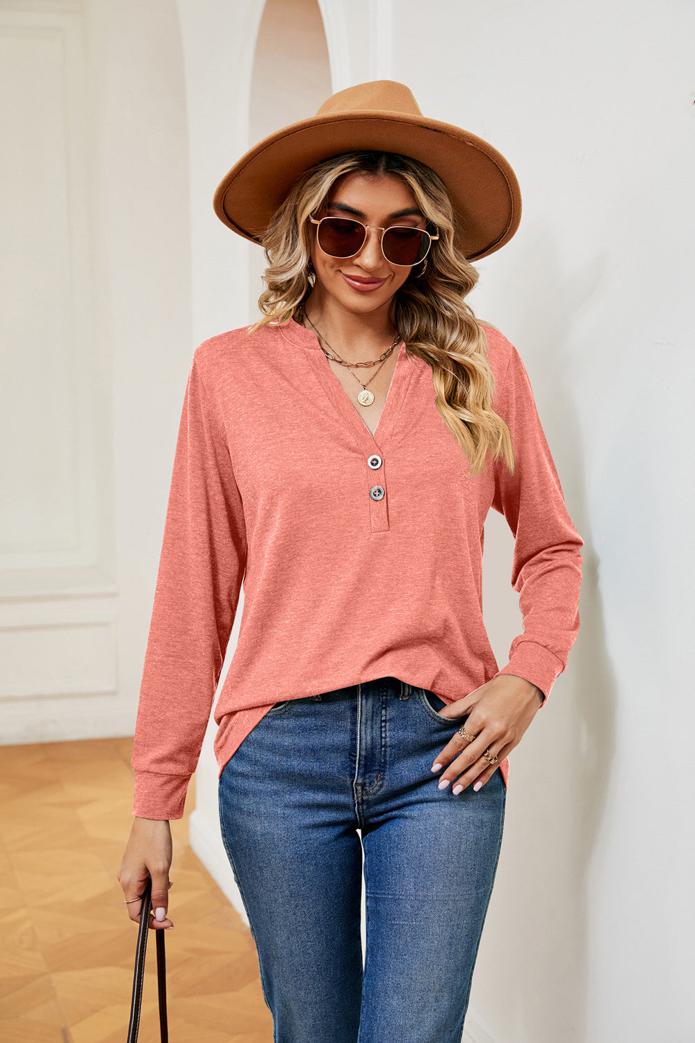 Buttoned Notched Neck Long Sleeve Top BLUE ZONE PLANET
