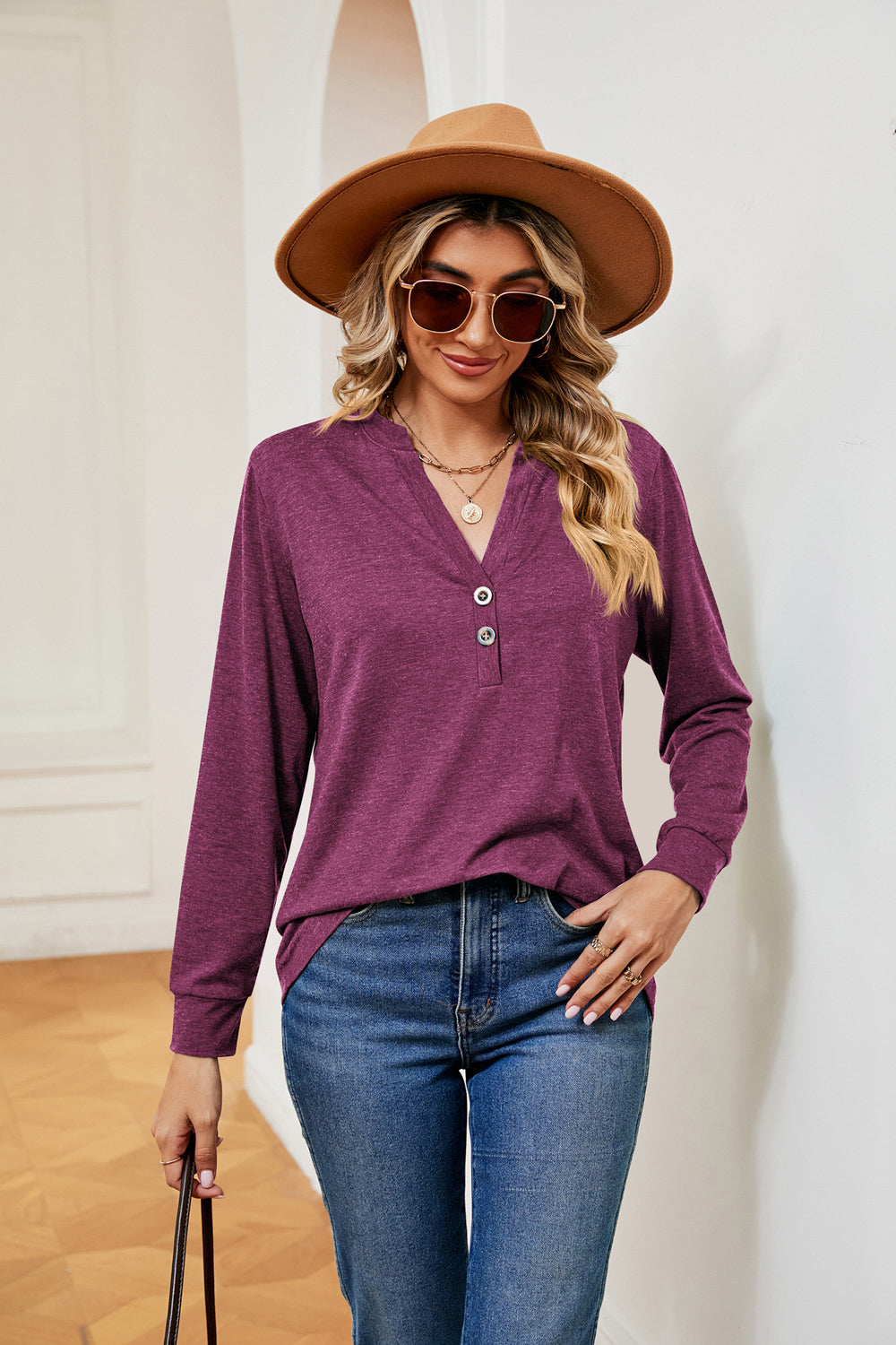 Buttoned Notched Neck Long Sleeve Top BLUE ZONE PLANET