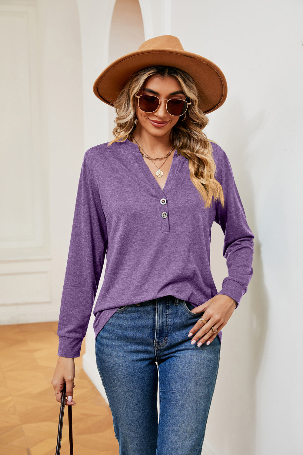 Buttoned Notched Neck Long Sleeve Top BLUE ZONE PLANET