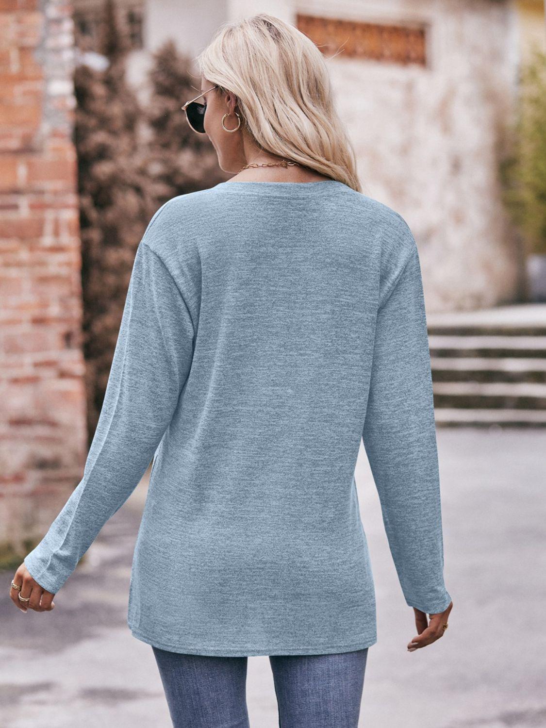 Buttoned Notched Neck Long Sleeve Top BLUE ZONE PLANET