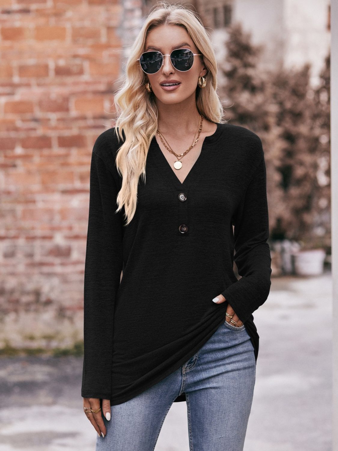 Buttoned Notched Neck Long Sleeve Top BLUE ZONE PLANET