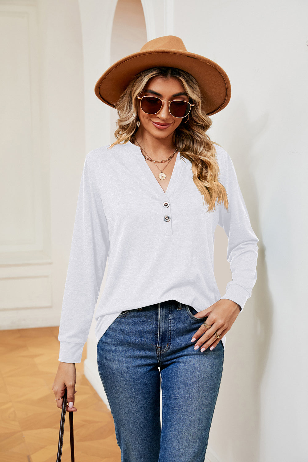 Buttoned Notched Neck Long Sleeve Top BLUE ZONE PLANET
