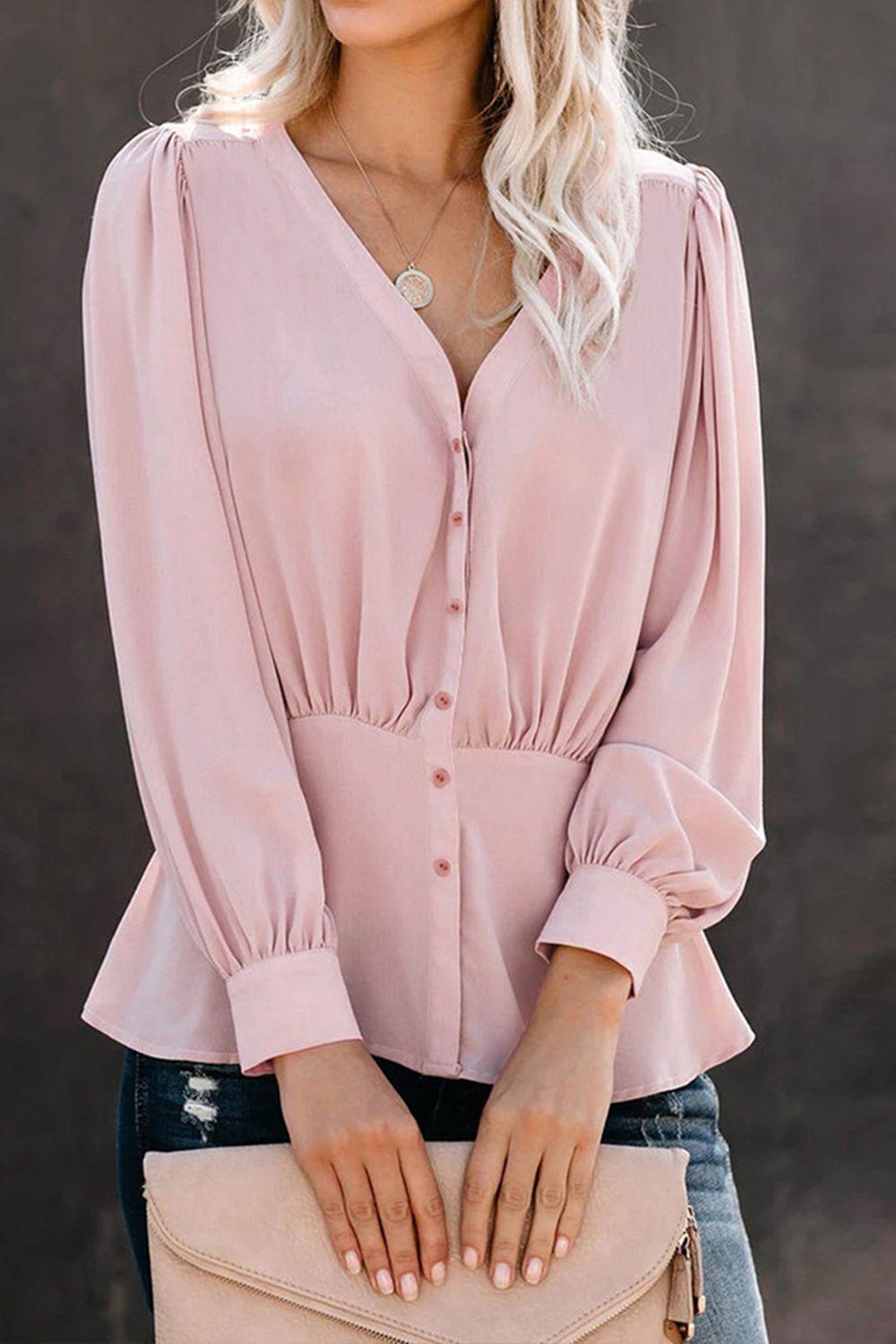 Buttoned Puff Sleeve Blouse BLUE ZONE PLANET