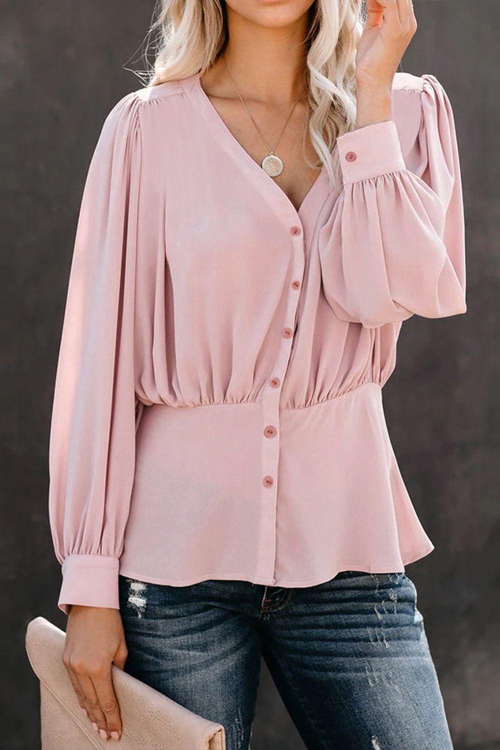 Buttoned Puff Sleeve Blouse BLUE ZONE PLANET