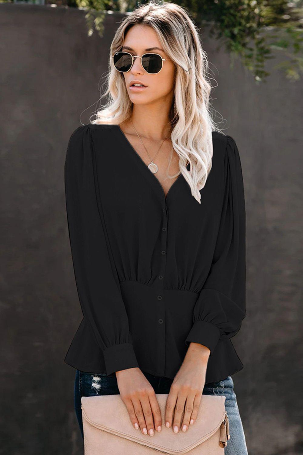 Buttoned Puff Sleeve Blouse BLUE ZONE PLANET