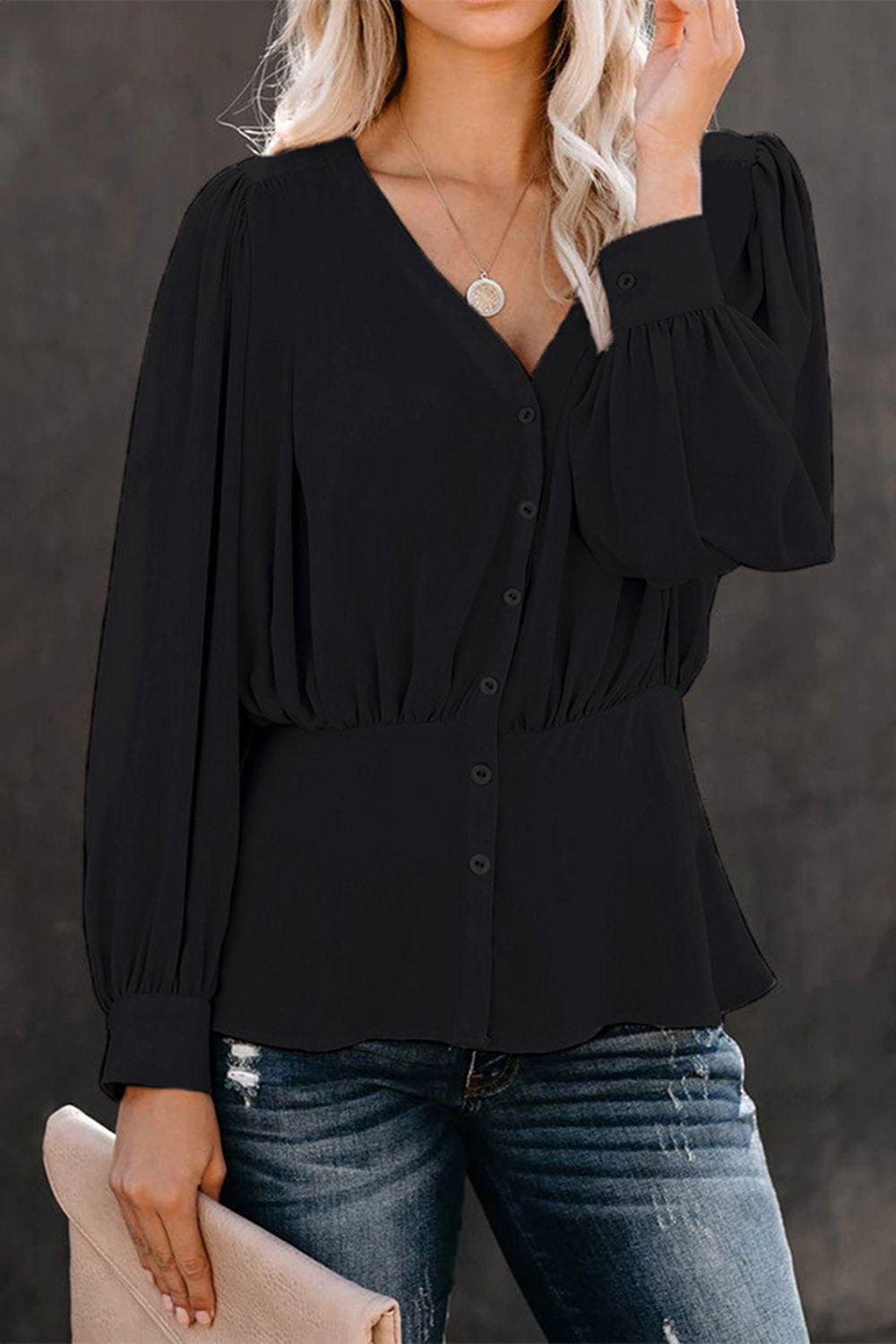 Buttoned Puff Sleeve Blouse BLUE ZONE PLANET