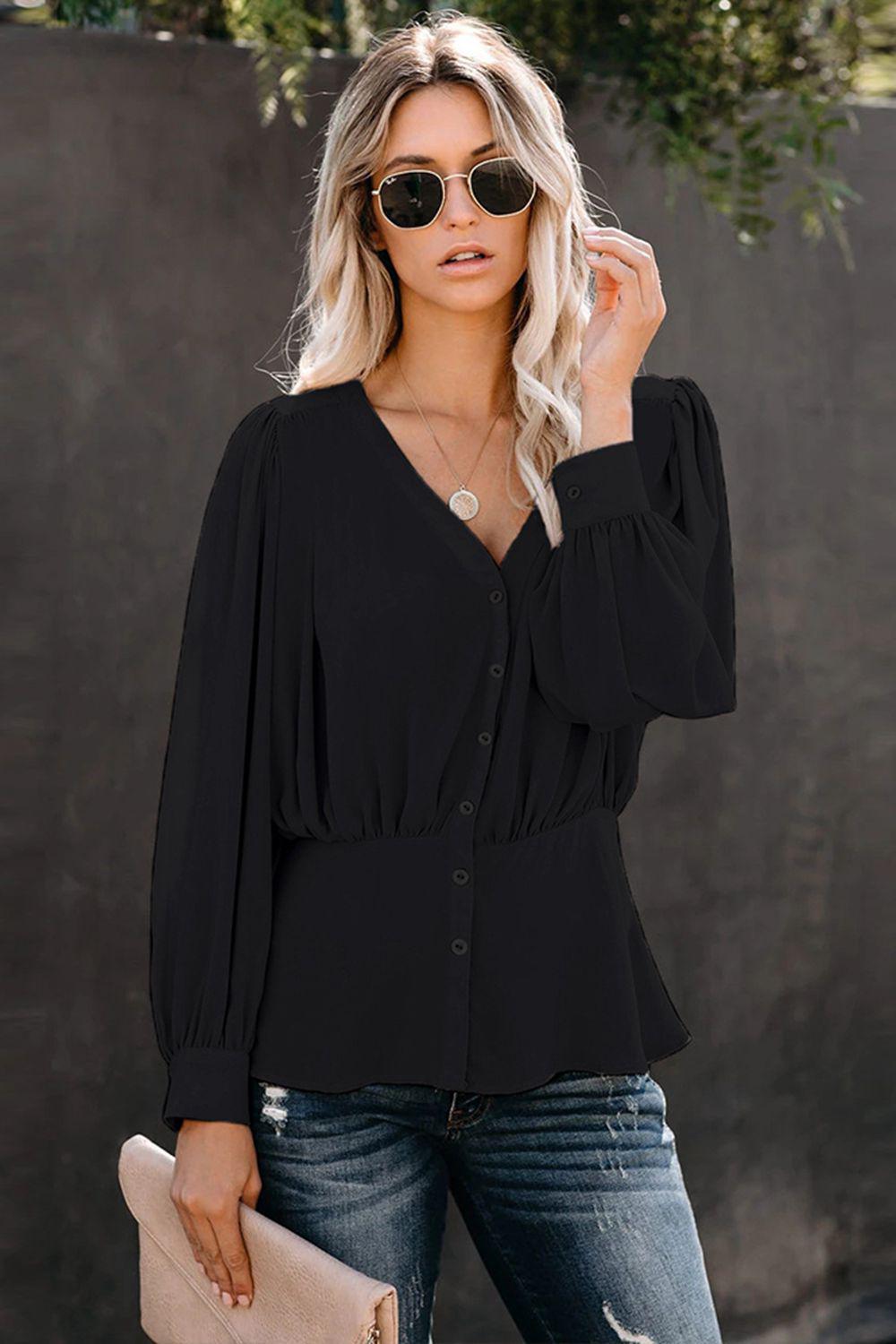 Buttoned Puff Sleeve Blouse BLUE ZONE PLANET