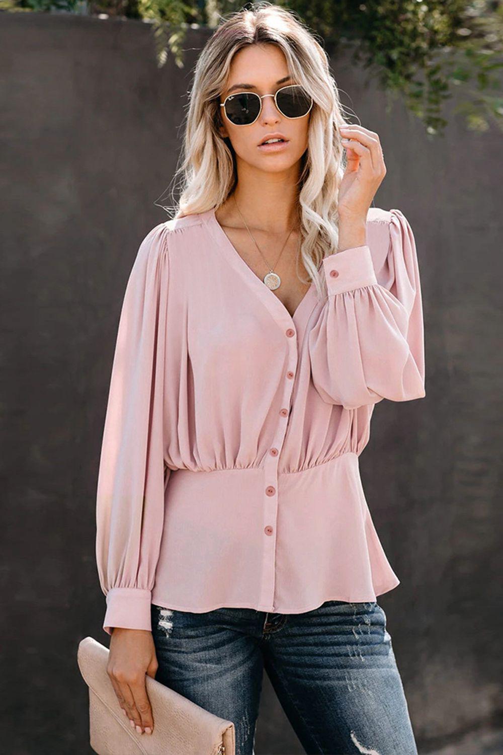 Buttoned Puff Sleeve Blouse BLUE ZONE PLANET