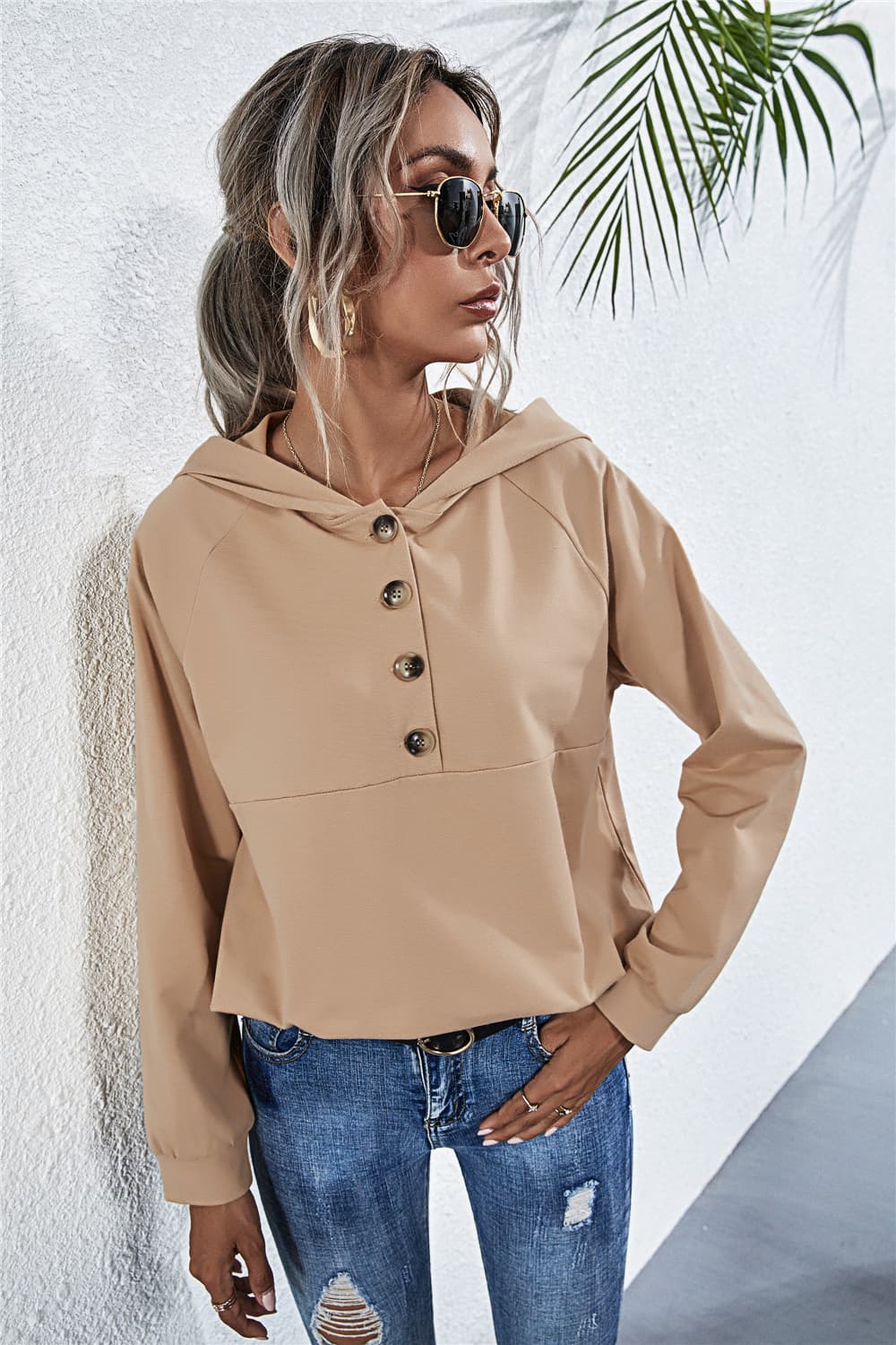 Buttoned Raglan Sleeve Hooded Blouse BLUE ZONE PLANET