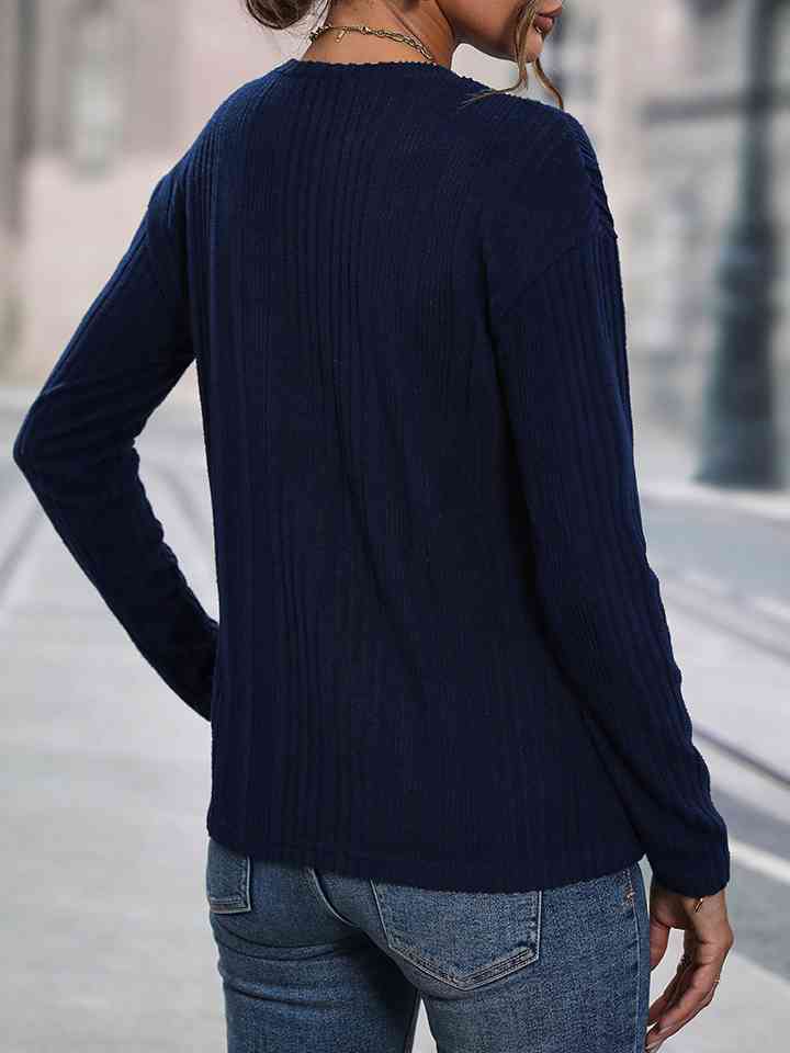 Buttoned Round Neck Knit Top BLUE ZONE PLANET