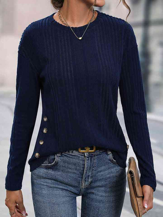 Buttoned Round Neck Knit Top BLUE ZONE PLANET