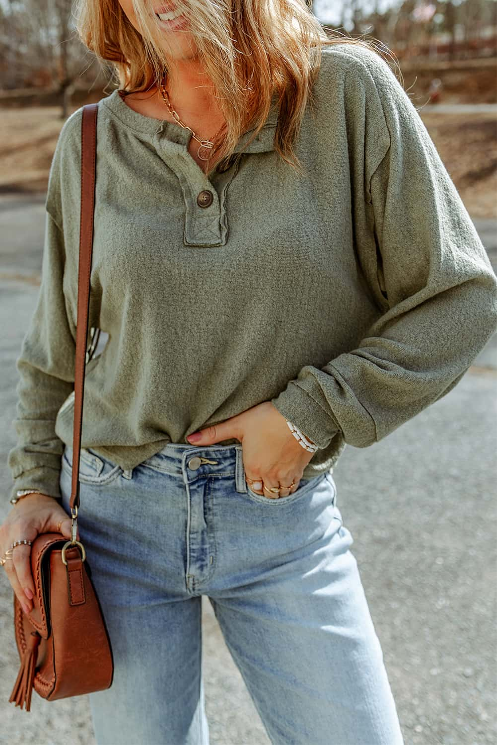 Buttoned Round Neck Long Sleeve Top BLUE ZONE PLANET