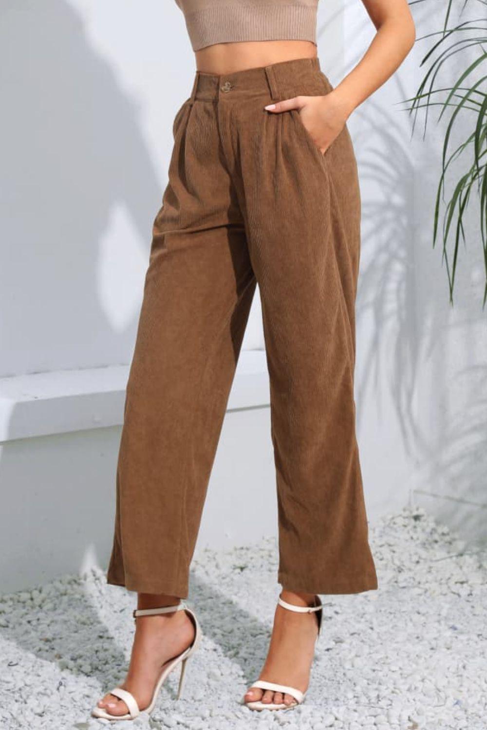 Buttoned  Straight Hem Long Pants BLUE ZONE PLANET