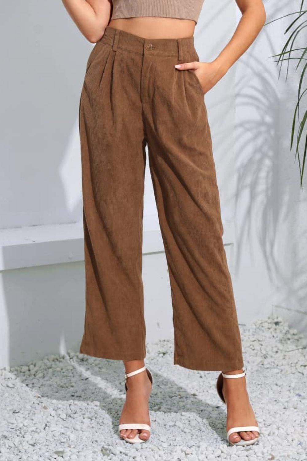 Buttoned  Straight Hem Long Pants BLUE ZONE PLANET