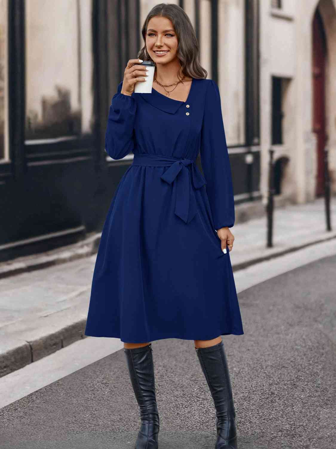 Buttoned Tie Front Long Sleeve Asymmetrical Neck Dress BLUE ZONE PLANET