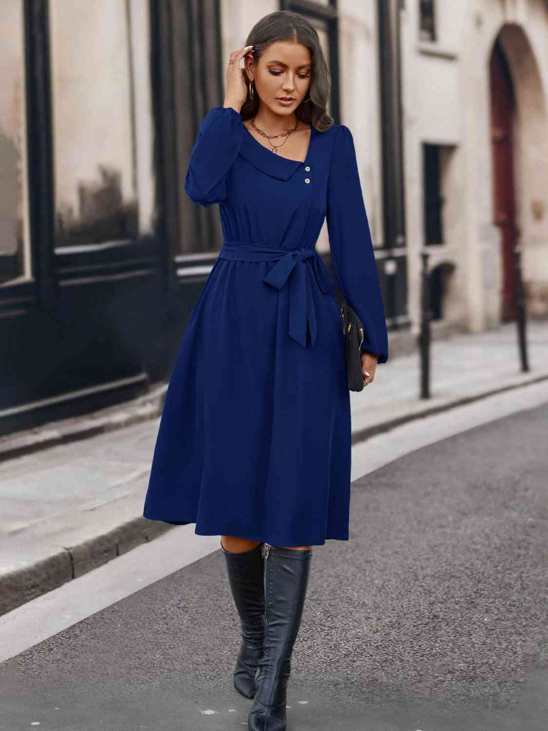 Buttoned Tie Front Long Sleeve Asymmetrical Neck Dress BLUE ZONE PLANET