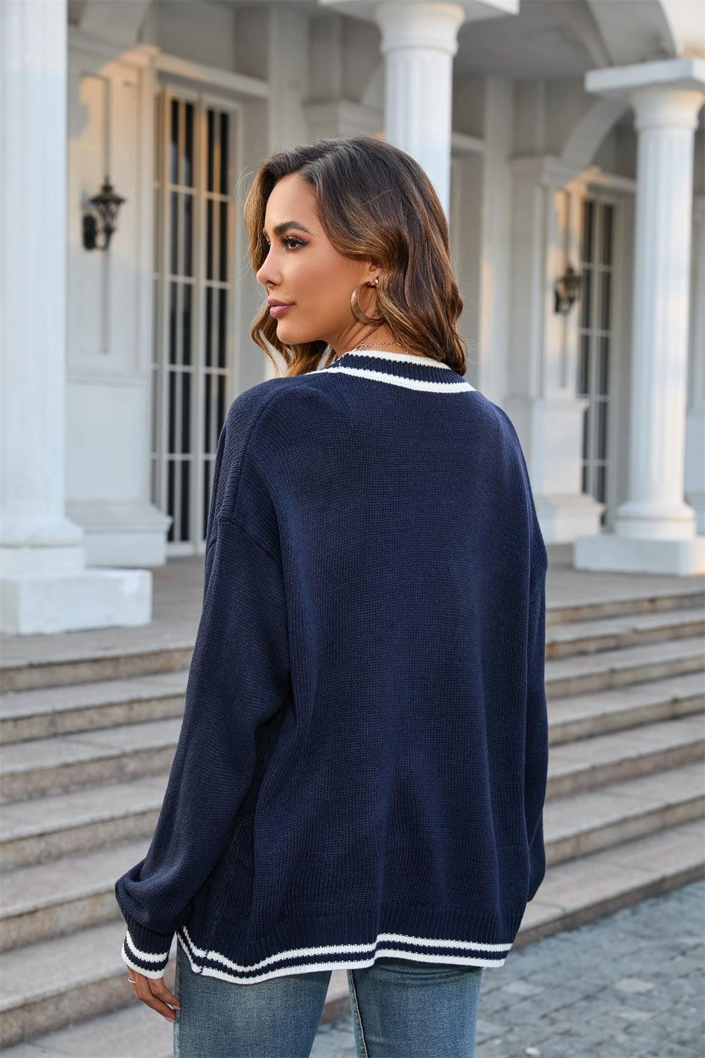 Buttoned V-Neck Long Sleeve Cardigan BLUE ZONE PLANET