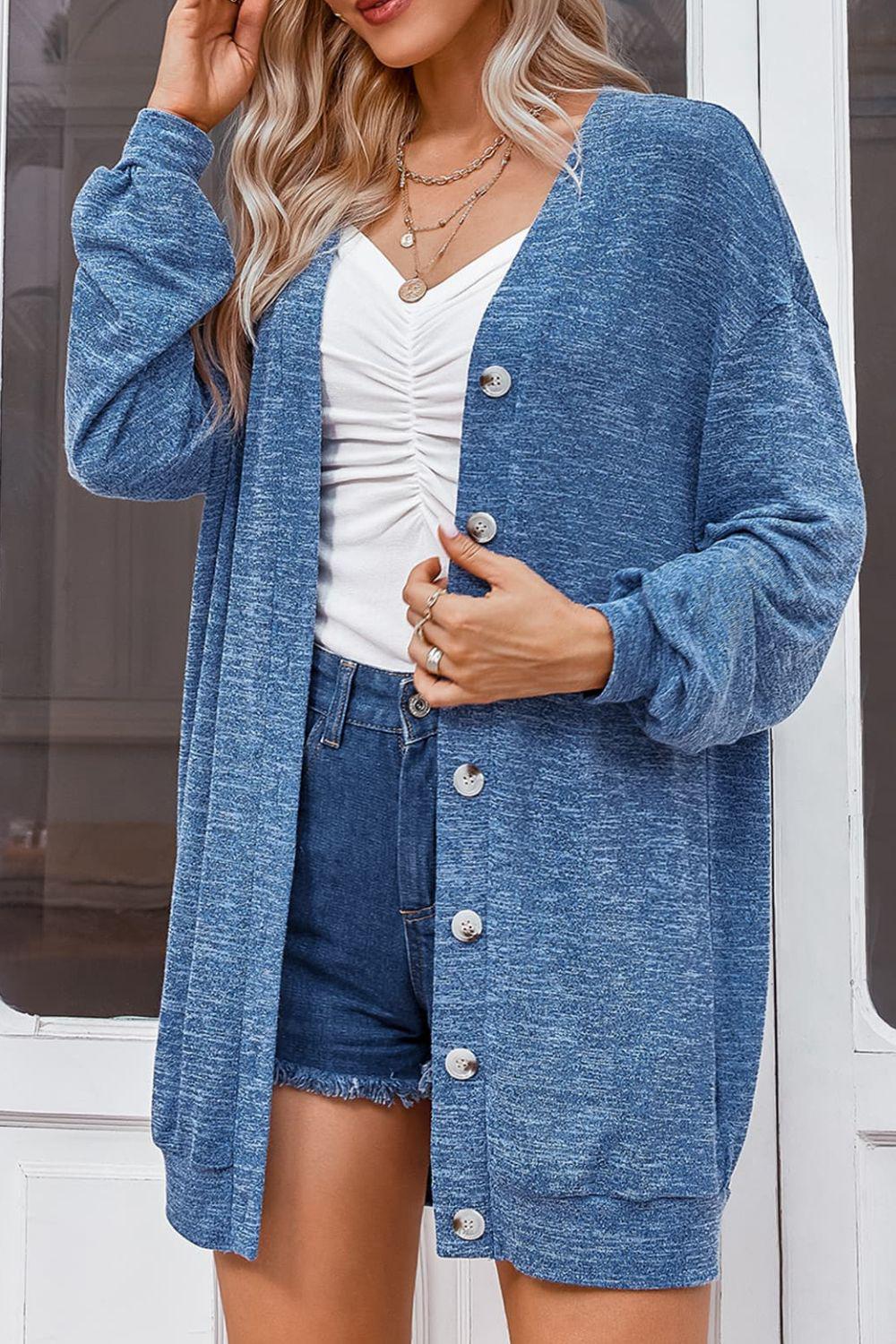 Buttoned V-Neck Long Sleeve Cardigans BLUE ZONE PLANET