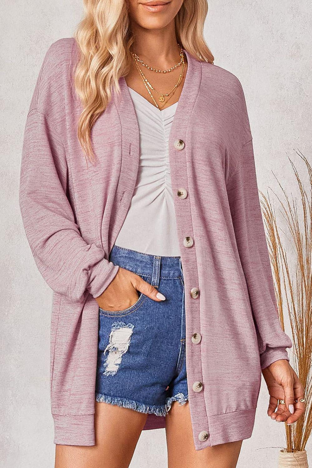 Buttoned V-Neck Long Sleeve Cardigans BLUE ZONE PLANET