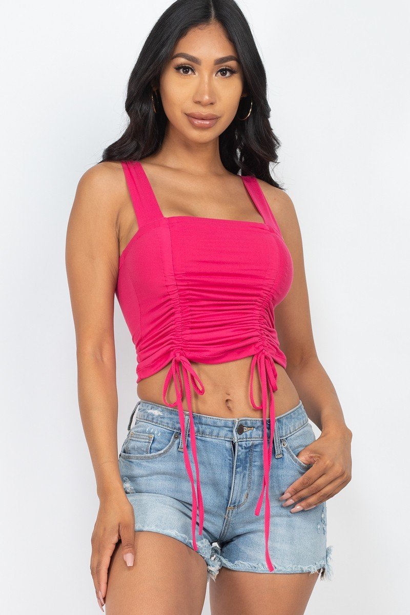 Adjustable Front Ruched With String Square Neck Crop Tops-CROP TOP-[Adult]-[Female]-Fuchsia-S-2022 Online Blue Zone Planet