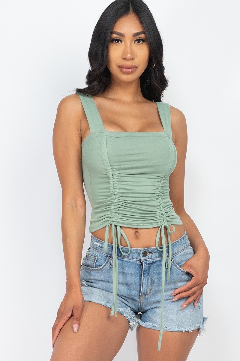 Adjustable Front Ruched With String Square Neck Crop Tops-CROP TOP-[Adult]-[Female]-Green Bay-S-2022 Online Blue Zone Planet