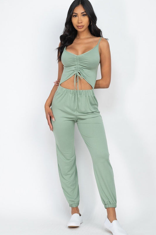 Front Ruched With Adjustable String Cami Casual/summer Jumpsuit-TOPS / DRESSES-[Adult]-[Female]-S-Green Bay-2022 Online Blue Zone Planet