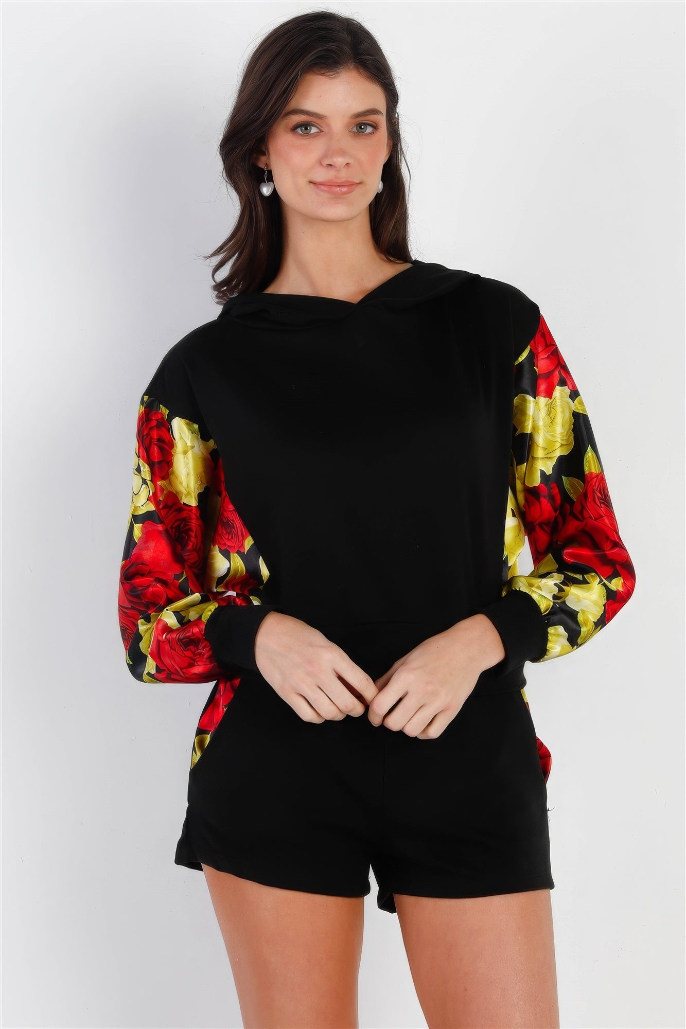 Blue Zone Planet |  Black & Satin Effect Red & Lime Floral Print Hooded Top & Short Set Blue Zone Planet