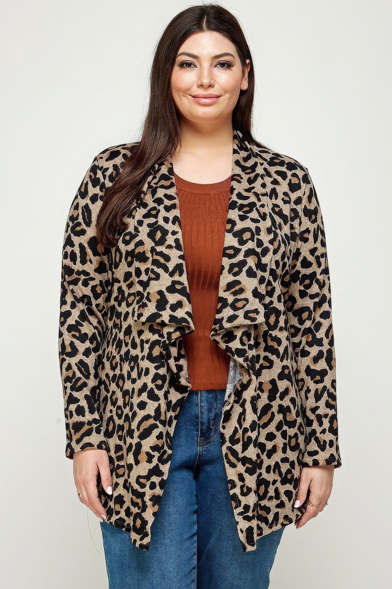 Plus Size, Animal Leopard Printed Knit Cardigan-[Adult]-[Female]-2022 Online Blue Zone Planet