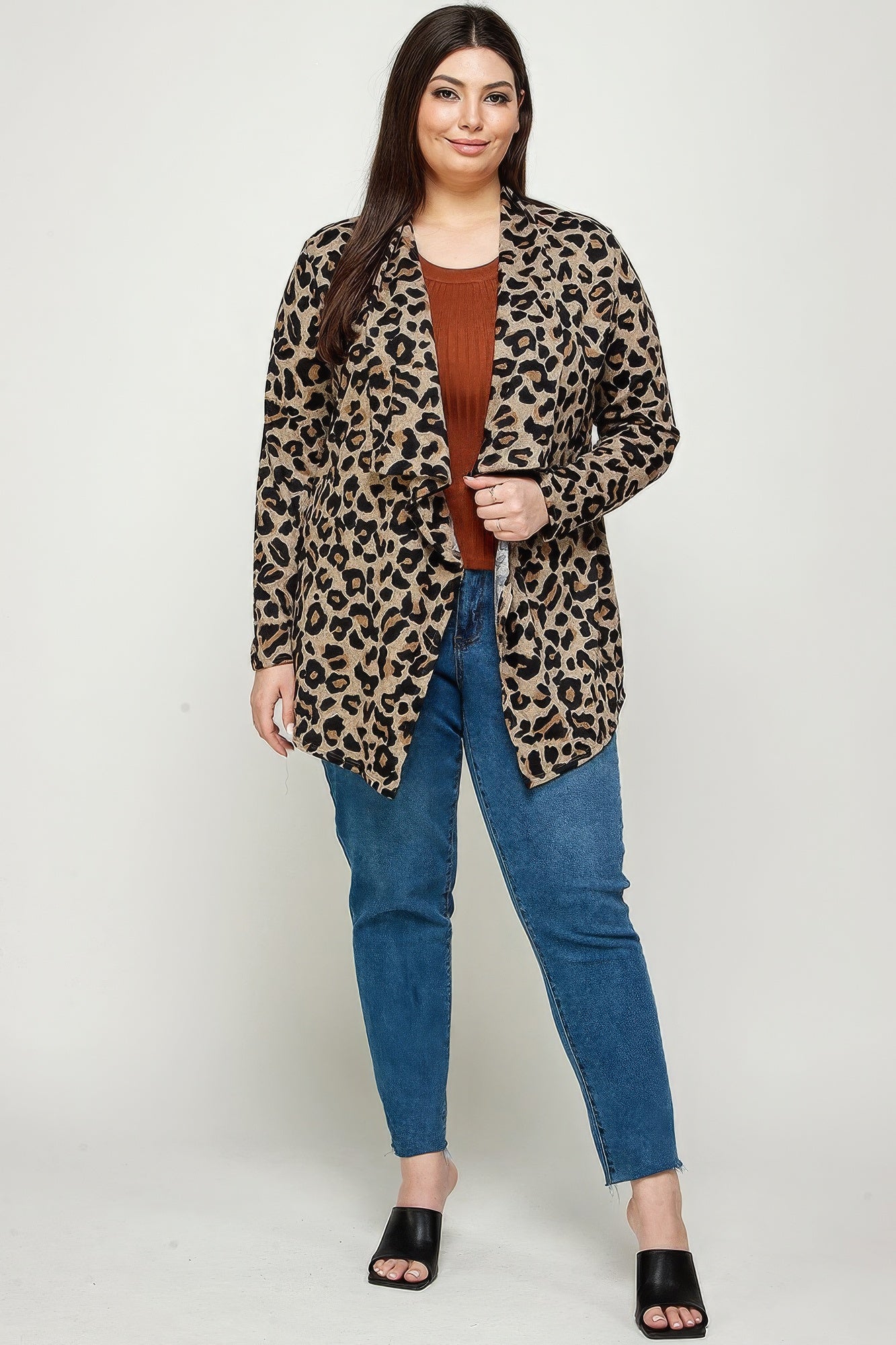 Plus Size, Animal Leopard Printed Knit Cardigan-[Adult]-[Female]-2022 Online Blue Zone Planet