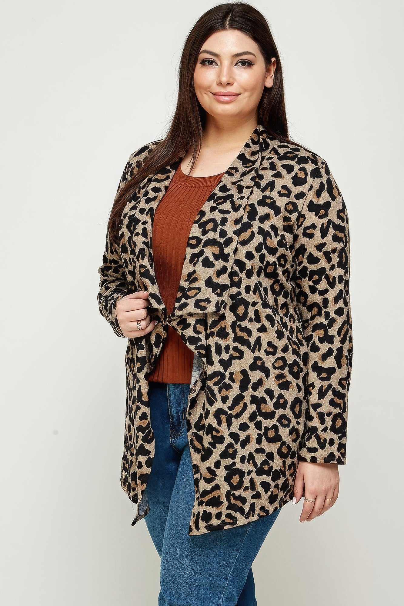 Plus Size, Animal Leopard Printed Knit Cardigan-[Adult]-[Female]-2022 Online Blue Zone Planet