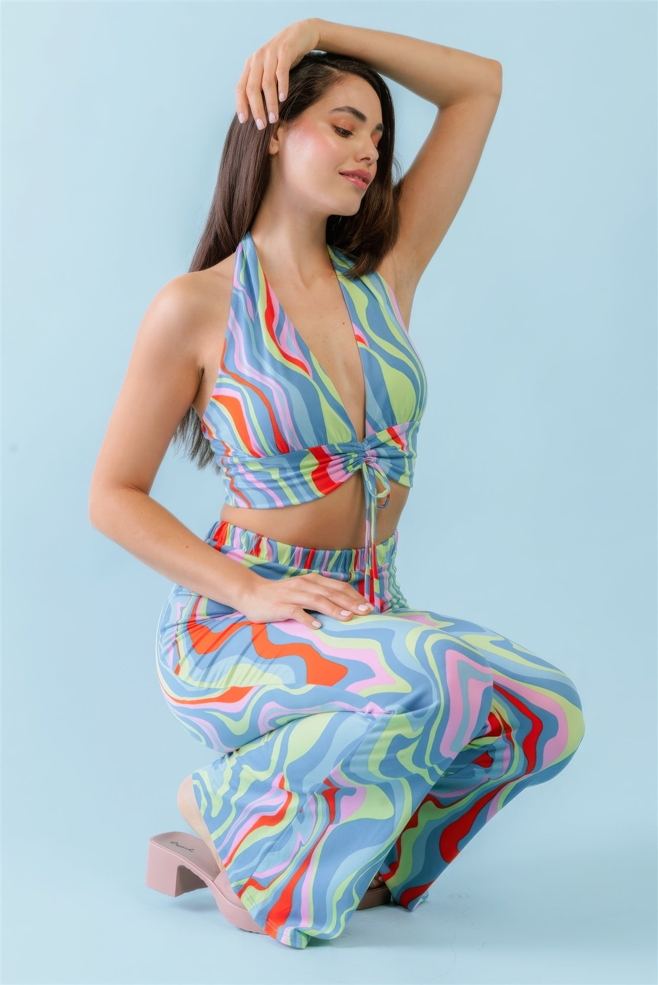 Blue Zone Planet |  Suzy's Multicolor Abstract Print Halter V-neck Ruched Open Back Crop Top & High Waist Pants Set Blue Zone Planet