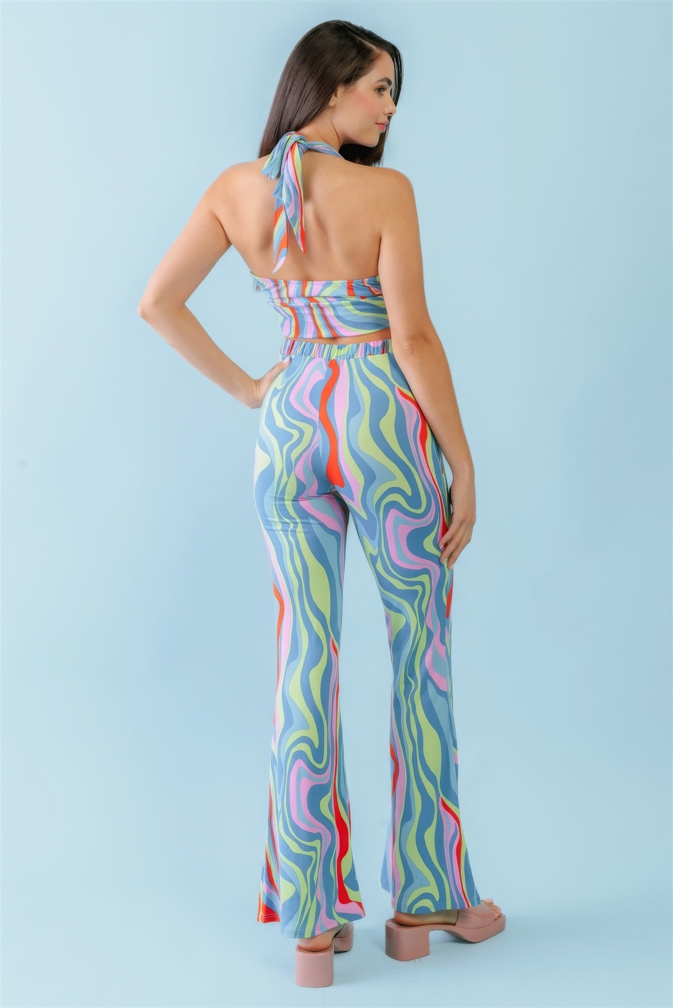Blue Zone Planet |  Suzy's Multicolor Abstract Print Halter V-neck Ruched Open Back Crop Top & High Waist Pants Set Blue Zone Planet