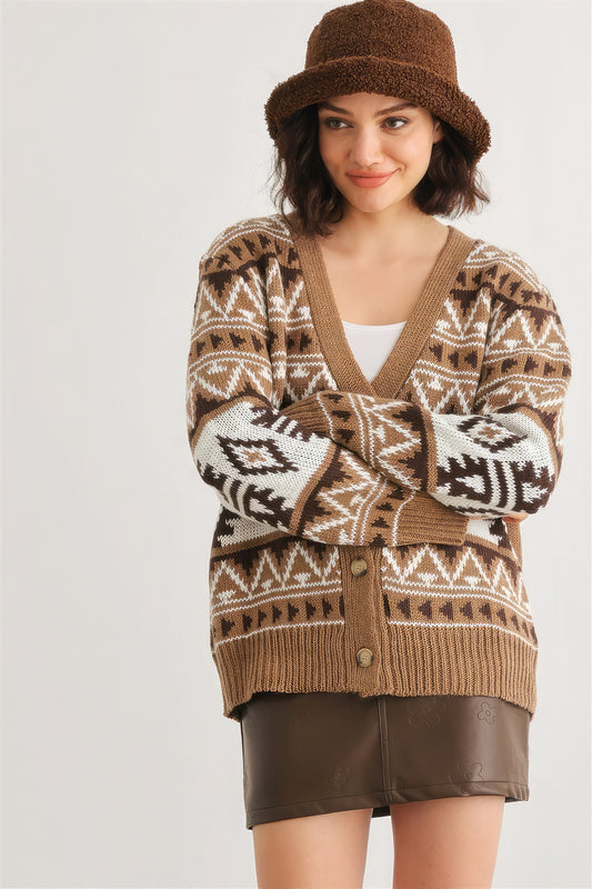 Fair Isle Knit Button-up Long Sleeve Cardigan Sweater-TOPS / DRESSES-[Adult]-[Female]-S-Brown-2022 Online Blue Zone Planet