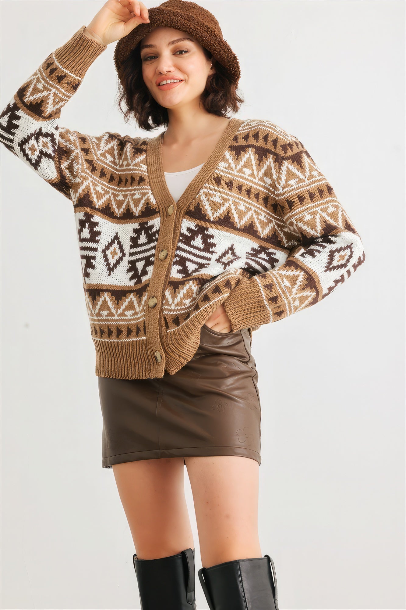 Fair Isle Knit Button-up Long Sleeve Cardigan Sweater-TOPS / DRESSES-[Adult]-[Female]-2022 Online Blue Zone Planet