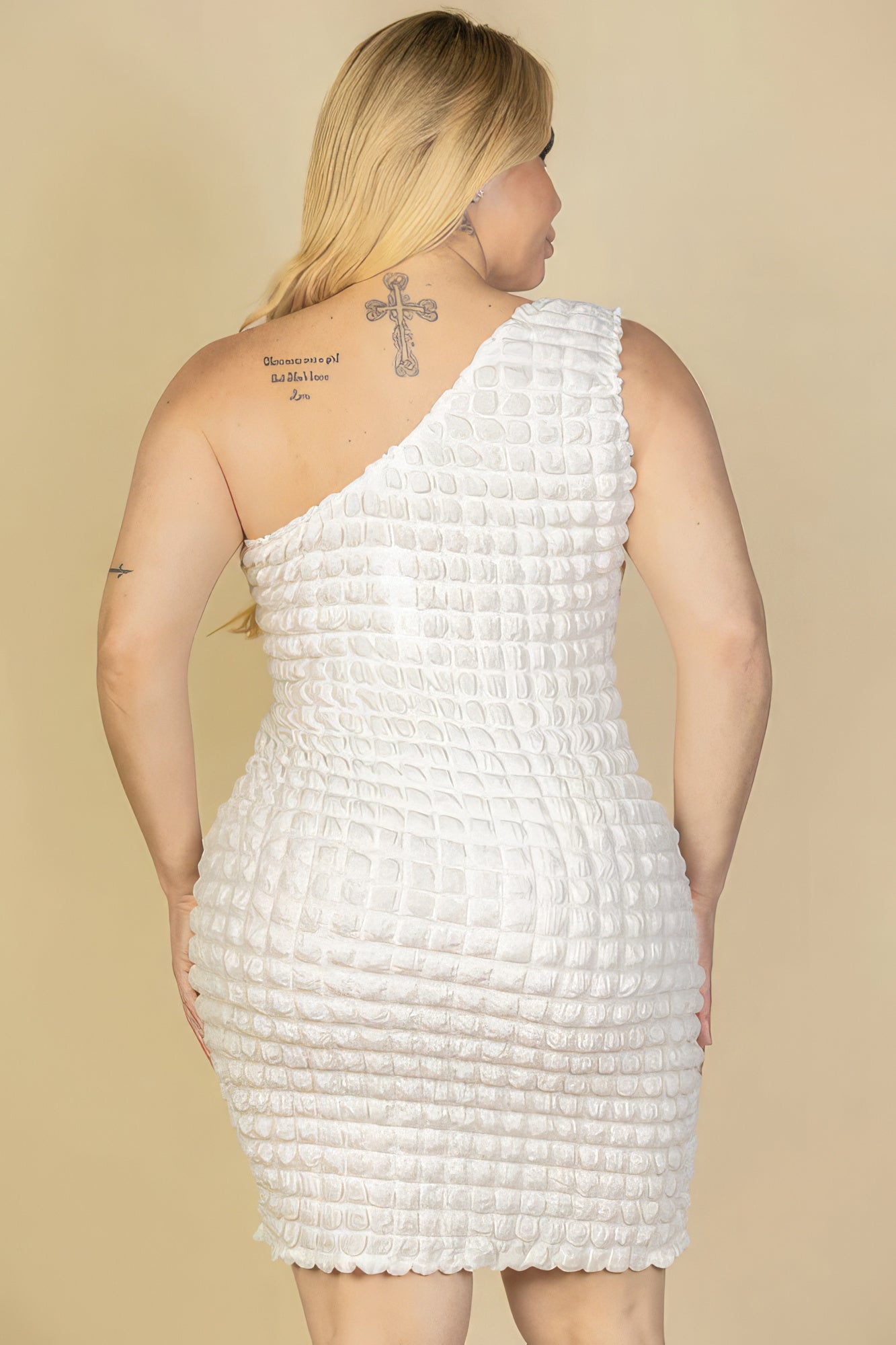 Plus Size Bubble Fabric One Shoulder Bodycon Mini Dress-TOPS / DRESSES-[Adult]-[Female]-2022 Online Blue Zone Planet