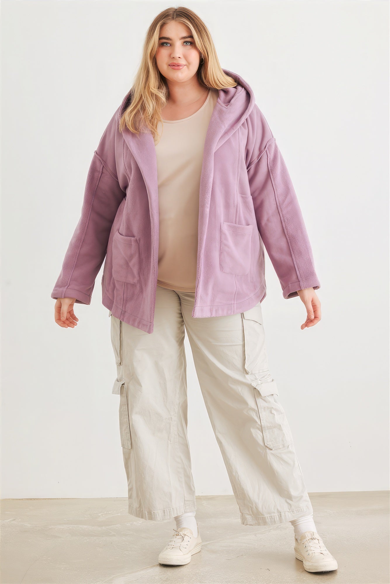 Plus Two Pocket Open Front Soft To Touch Hooded Cardigan Jacket-[Adult]-[Female]-2022 Online Blue Zone Planet