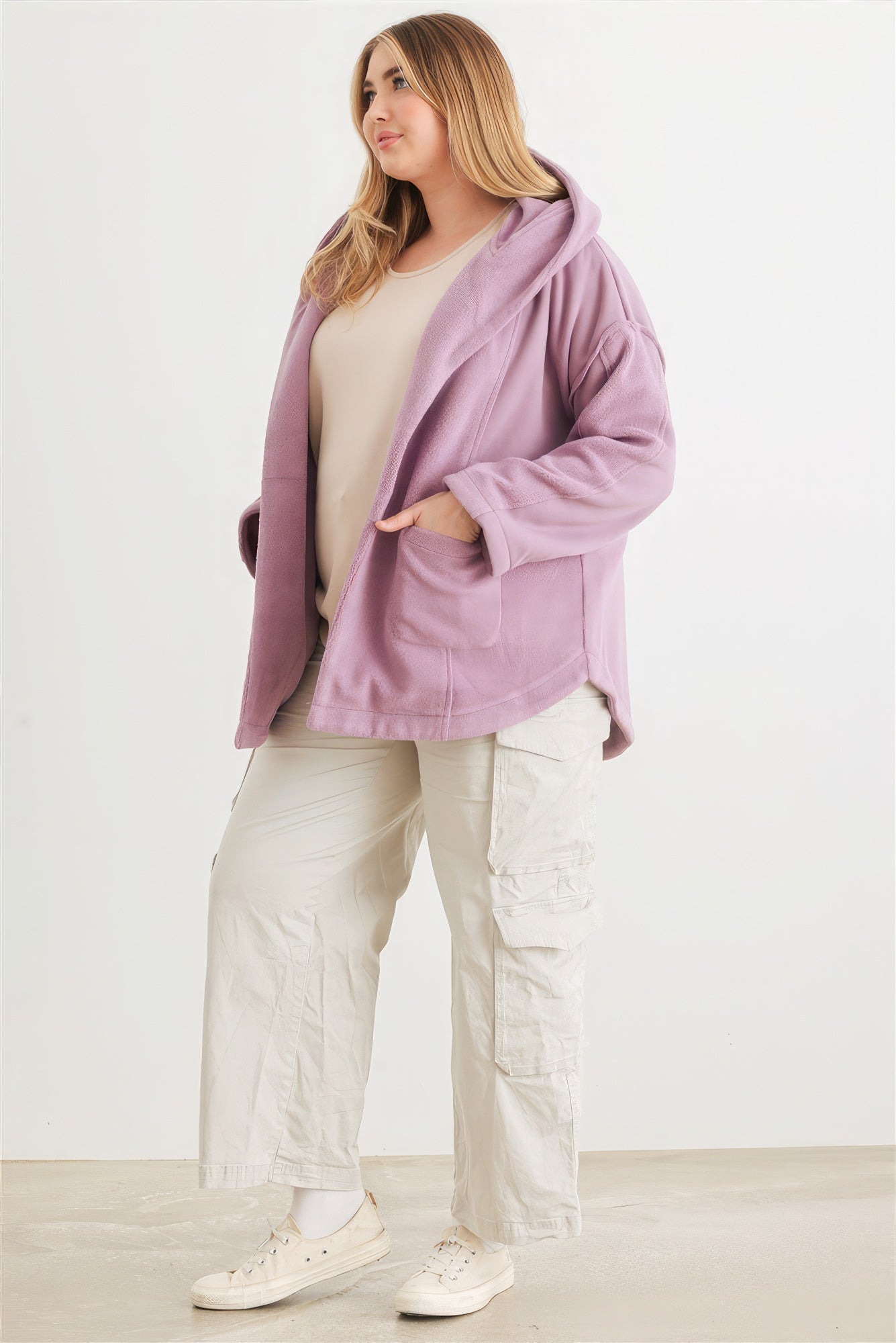 Plus Two Pocket Open Front Soft To Touch Hooded Cardigan Jacket-[Adult]-[Female]-2022 Online Blue Zone Planet