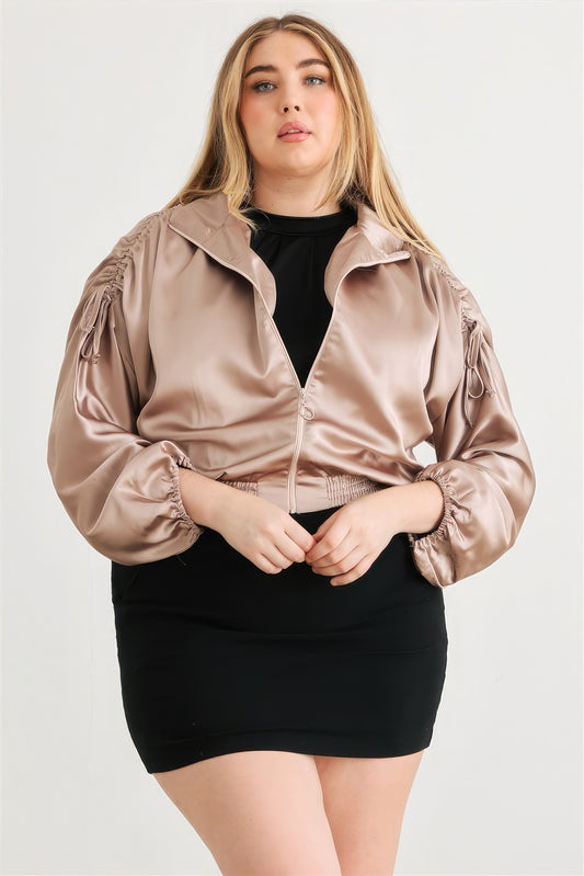 Plus Satin Zip-up Ruched Long Sleeve Cropped Bomber Jacket-TOPS / DRESSES-[Adult]-[Female]-1XL-Light Mocha-2022 Online Blue Zone Planet