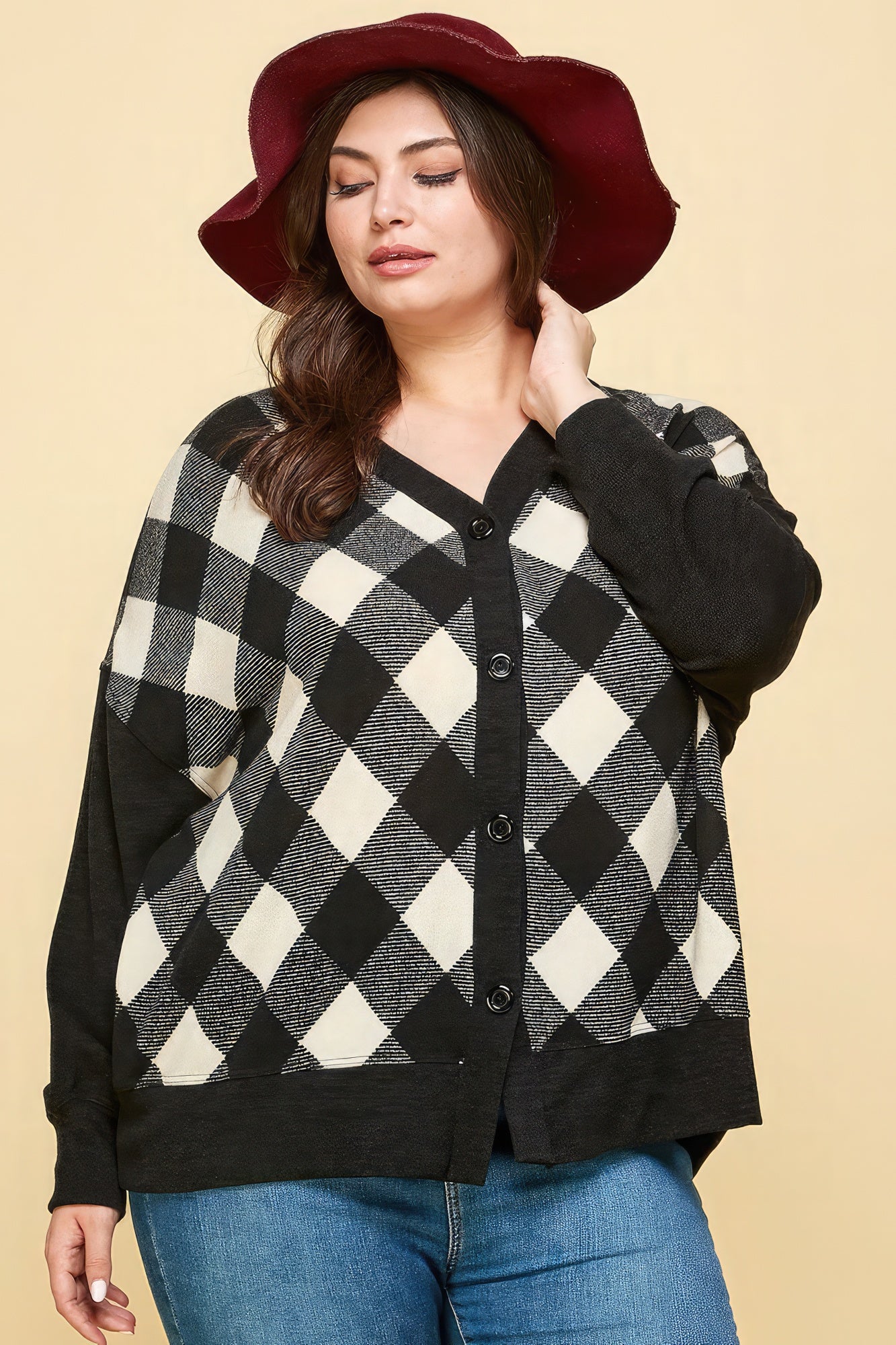 Plus Size Buffalo Plaid Knit Button Up Oversize Cardigan-TOPS / DRESSES-[Adult]-[Female]-1XL-Off White/Black-2022 Online Blue Zone Planet