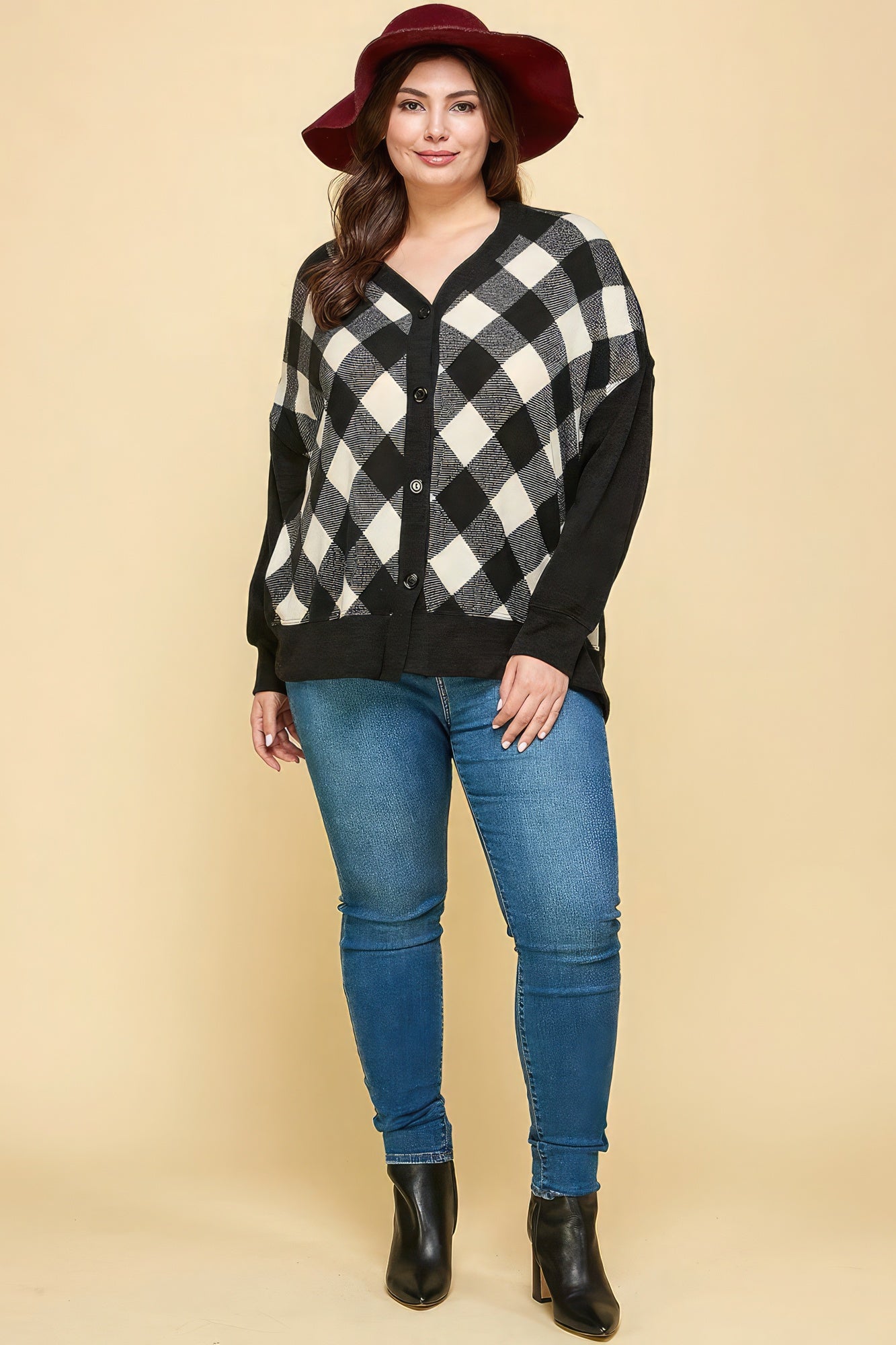 Plus Size Buffalo Plaid Knit Button Up Oversize Cardigan-TOPS / DRESSES-[Adult]-[Female]-2022 Online Blue Zone Planet