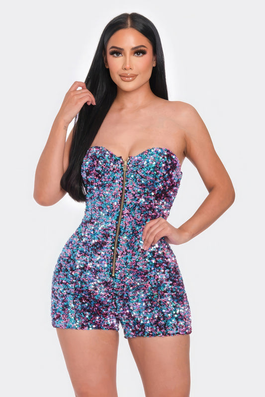 Multi Sequins Tube Top Romper-TOPS / DRESSES-[Adult]-[Female]-Blue Pink-S-2022 Online Blue Zone Planet