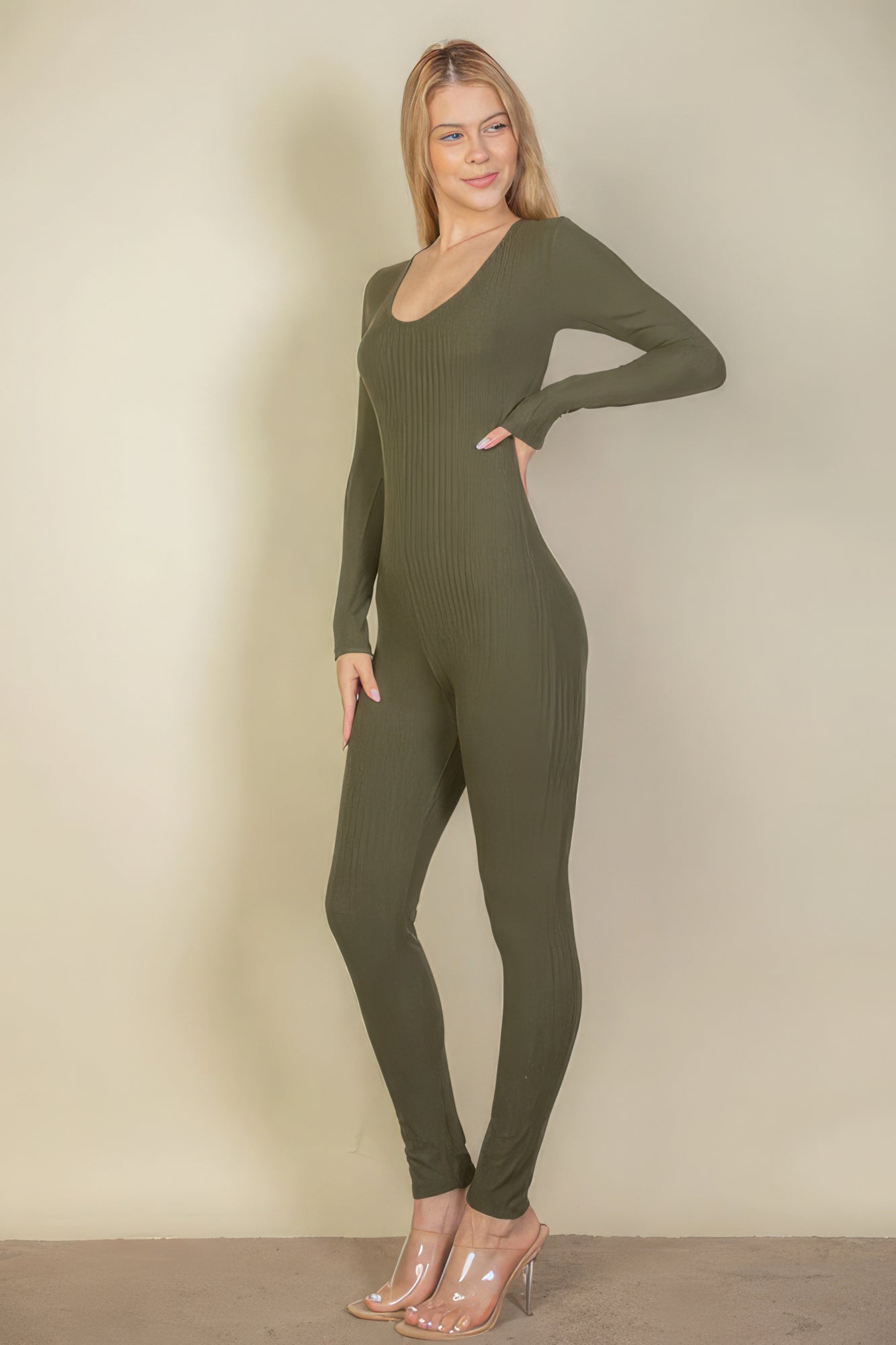 Blue Zone Planet | Ribbed Scoop Neck Long Sleeve Jumpsuit-TOPS / DRESSES-[Adult]-[Female]-2022 Online Blue Zone Planet